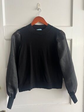 CeCe Black Crewneck Sweater with Faux Leather Puff Sleeves